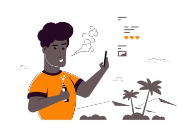 Buhar Etkinliği Konsepti. Afro-Amerikan Erkek Karakteri Açık havada Vape içmenin tadını çıkarıyor. Sağlıksız Yaşam, Hippi Yaşam Tarzı Tasarım Beyaz arka planda tecrit edilmiş. Düz Biçim Bayrağı 