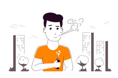 Buhar Etkinliği Konsepti. Kafkas Erkek Karakteri. Açık havada Vape içmenin tadını çıkarıyor. Sağlıksız Yaşam, Hippi Yaşam Tarzı Tasarım Beyaz arka planda tecrit edilmiş. Düz Biçim Bayrağı 