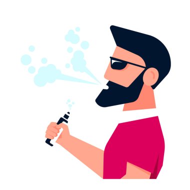 Buhar Etkinliği Konsepti. Beyaz arka planda izole edilmiş Vape içmenin tadını çıkaran Kafkas Erkek Karakteri. Sağlıksız Yaşam, Hippi Yaşam Tarzı Tasarım. Düz Biçim Bayrağı 