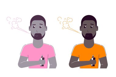 Buhar Etkinliği Konsepti. Beyaz arka planda izole edilmiş, Vape içmenin tadını çıkaran Afro-Amerikan Erkek Karakteri. Sağlıksız Yaşam, Hippi Yaşam Tarzı Tasarım. Düz Biçim Bayrağı 
