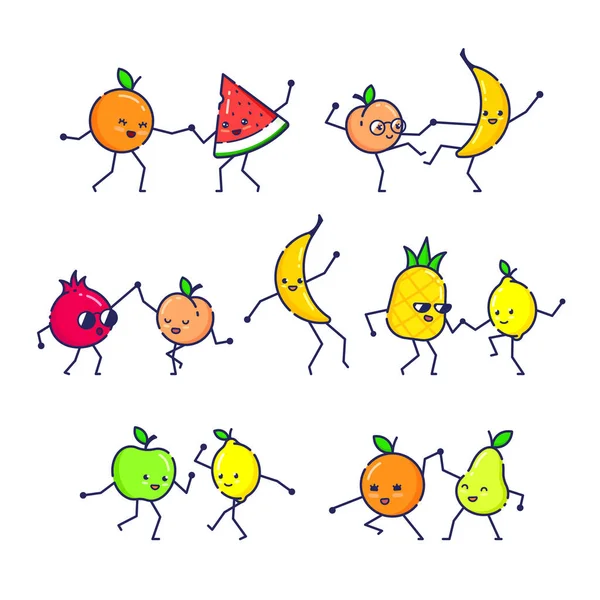 Σύνολο Χορεύοντας Αστεία Φρούτα Απομονωμένα Σε Λευκό Φόντο — Διανυσματικό Αρχείο