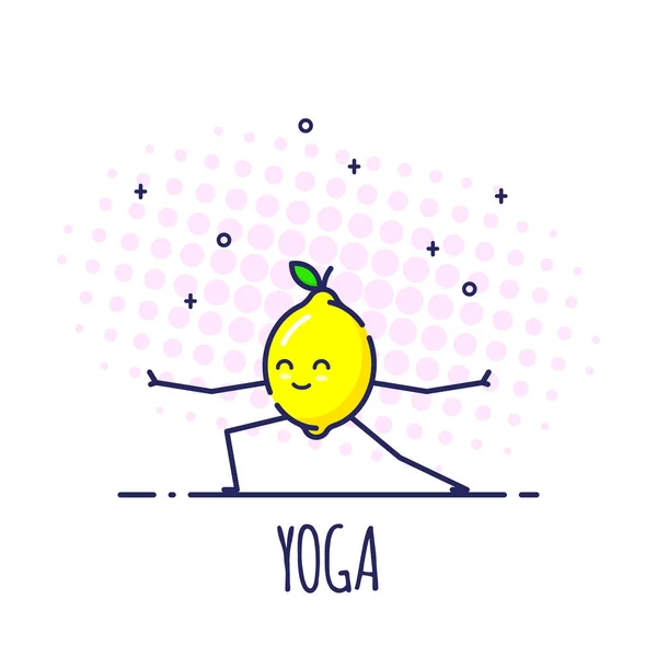 Personaje divertido limón haciendo yoga, guerrero pose virabhadrasana — Vector de stock