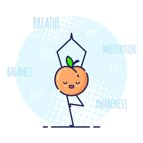 Personaje divertido del melocotón haciendo yoga, árbol de la postura Vrikshasana — Vector de stock