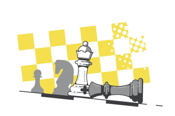 Figura de Rey y Reina cayendo sobre fondo de tablero de ajedrez. — Vector de stock