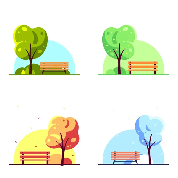 Комплект сезонных иллюстраций со скамейкой в городском парке — стоковый вектор