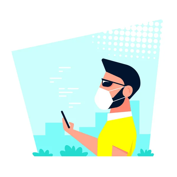 Hombre caucásico con Smartphone usando máscara facial en la ciudad — Vector de stock