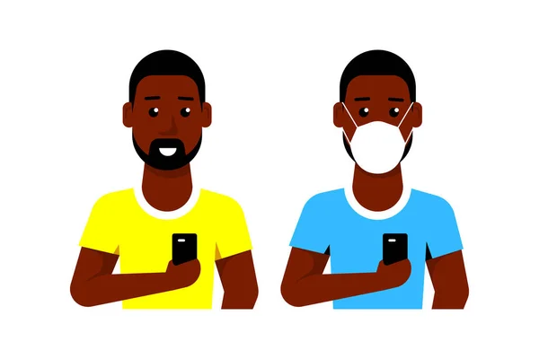 Hombre joven personaje con Smartphone y el uso de la máscara facial — Vector de stock