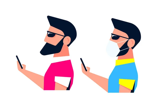 Hombre joven personaje con Smartphone y el uso de la máscara facial — Vector de stock