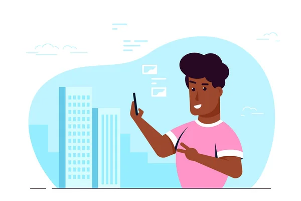 Akıllı Telefonlu Siyah Adam Şehirde Selfie Çekiyor — Stok Vektör