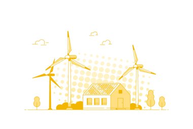 Güneş panelleri ve rüzgar türbinleri olan modern ev.