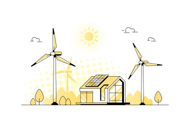 Güneş panelleri ve rüzgar türbinleri olan modern ev.