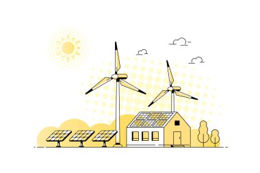 Güneş panelleri ve rüzgar türbinleri olan modern ev.