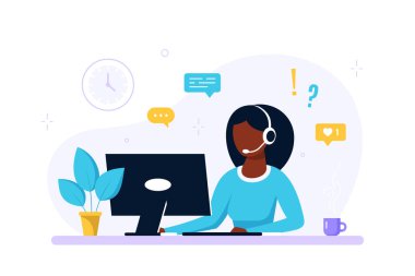 Dizüstü bilgisayarı ve mikrofonlu kulaklığı olan siyahi bir kadın. Teknik destek, yardım, çağrı merkezi ve müşteri hizmetleri konsepti. Düz biçim vektör illüstrasyonu