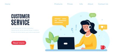 Dizüstü bilgisayarı ve mikrofonlu kulaklığı olan beyaz bir kadın. Teknik destek, yardım, çağrı merkezi ve müşteri hizmetleri konsepti. Düz biçim vektör illüstrasyonu