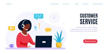 Dizüstü bilgisayarı ve mikrofonlu kulaklığı olan siyahi bir kadın. Teknik destek, yardım, çağrı merkezi ve müşteri hizmetleri konsepti. Düz biçim vektör illüstrasyonu