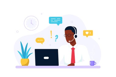 Dizüstü bilgisayarı ve mikrofonlu kulaklığı olan siyah bir adam. Teknik destek, yardım, çağrı merkezi ve müşteri hizmetleri konsepti. Düz biçim vektör illüstrasyonu