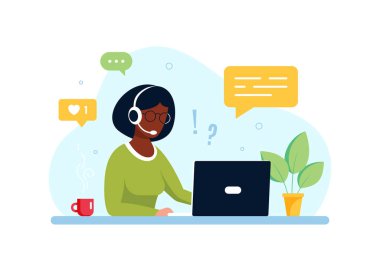 Dizüstü bilgisayarı ve mikrofonlu kulaklığı olan siyahi bir kadın. Teknik destek, yardım, çağrı merkezi ve müşteri hizmetleri konsepti. Düz biçim vektör illüstrasyonu