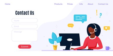 Web ve İniş Sayfası için bizimle bağlantı kurun. Kulaklıklı siyah kadın ve dizüstü bilgisayarı olan mikrofon. Destek, yardım ve çağrı merkezi kavramını kabul et.