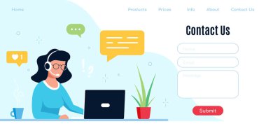 Web ve İniş Sayfası için bizimle bağlantı kurun. Kulaklıklı beyaz kadın ve dizüstü bilgisayarı olan mikrofon. Destek, yardım ve çağrı merkezi kavramını kabul et.