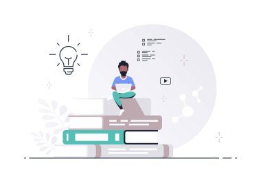 Dizüstü bilgisayarı olan genç adam büyük bir kitap yığınının üzerinde oturuyor. Çevrimiçi eğitim kavramı, uzaktan eğitim kavramı. Düz biçim vektör illüstrasyonu.