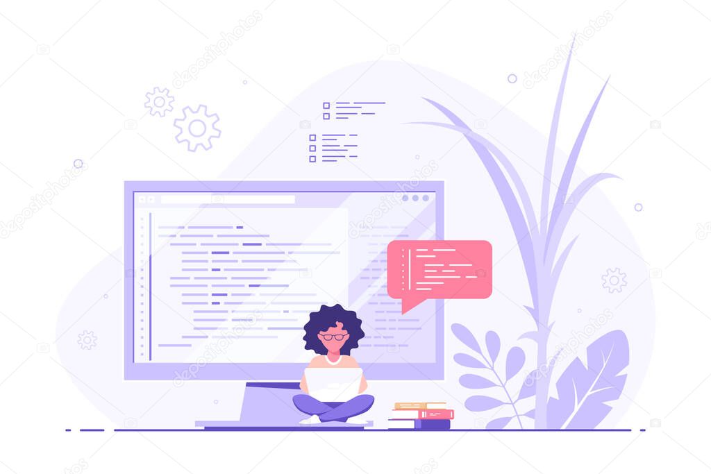 Vector of Coding, programming, application development concept. Young caucasian woman programmer sitting on big computer screen and working. Flat style banner design Coding, programming, application development concept. Young caucasian woman programmer sitting on big computer screen and working. Flat style banner design stock vector