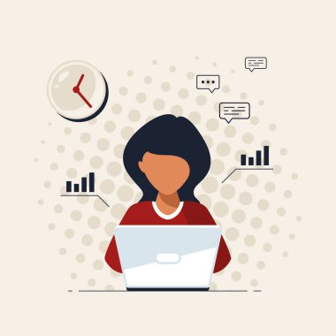 Genç siyah kadın dizüstü bilgisayarda çalışıyor, düz dizayn vektörü.