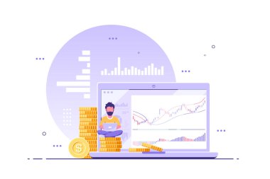 Bilgisayar ekranı ve bozuk para yığınlarına karşı dizüstü bilgisayarı olan genç adam