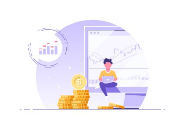 Bilgisayar ekranı ve bozuk para yığınlarına karşı dizüstü bilgisayarı olan genç adam