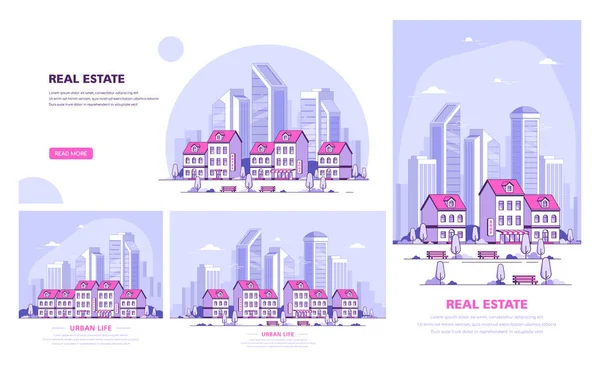 Urban krajina ilustrace, plochý styl banner design — Stockový vektor