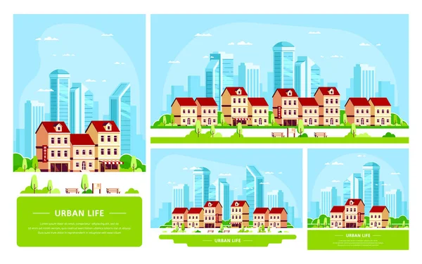 Urban landscape illustration, flat style banner design — Stock Vector