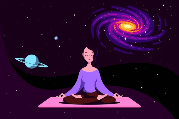 Mujer joven en la postura del loto practica la meditación — Vector de stock