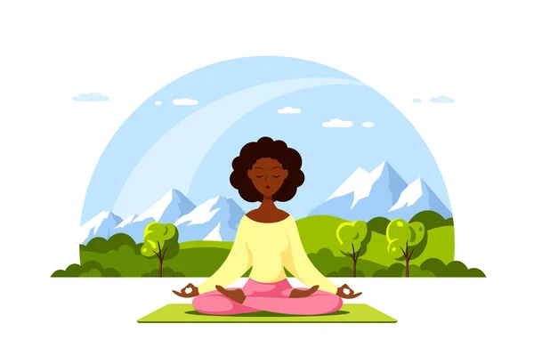 Mujer joven en la postura del loto practica la meditación — Vector de stock