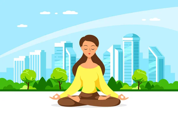 Young Woman in Lotus Pose Pratices Meditation — Stock Vector