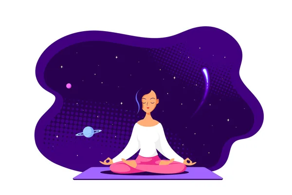 Young Woman in Lotus Pose Pratices Meditation — Stock Vector