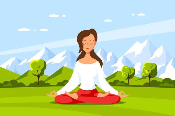 Mujer joven en la postura del loto practica la meditación — Vector de stock