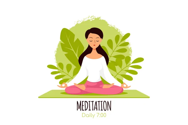 Young Caucasian Woman Sitting Lotus Pose Plant Leaves Background Practice — Stock Vector