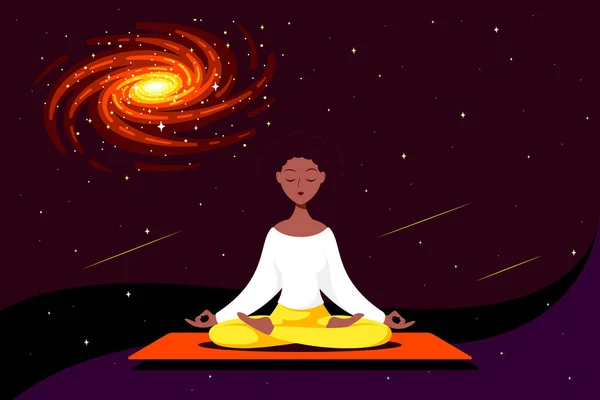 年轻的黑人妇女坐在莲蓬里 周围是外太空 练习瑜伽和冥想 平面样式矢量图解 — 图库矢量图片