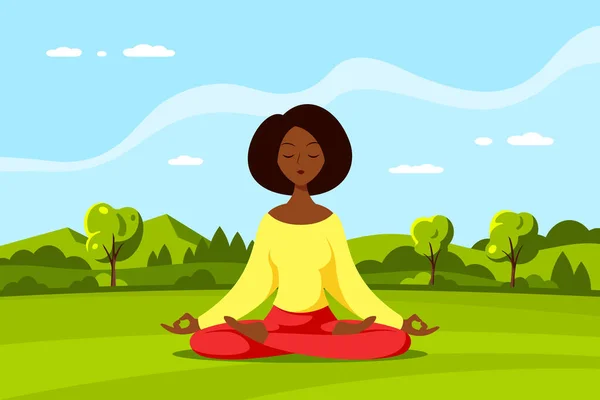 Lotus 'taki Genç Kadın Meditasyon Pozu Verdi — Stok Vektör
