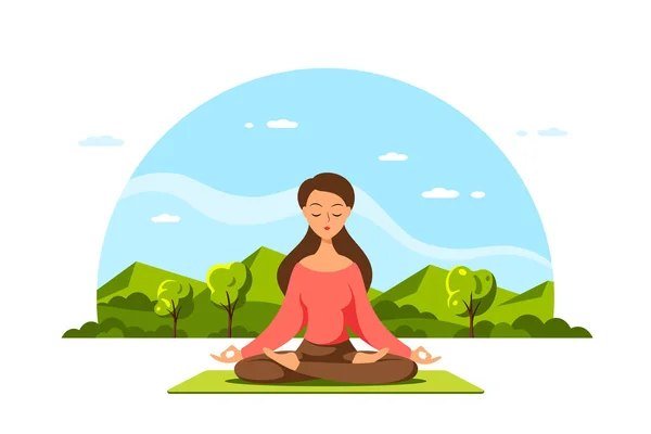 Young Caucasian Woman Sitting Lotus Pose Beautiful Landscape Background Practice — Stock Vector