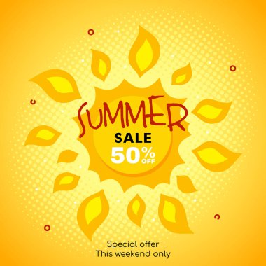 Güneş Tasarımı ve Ateşli Renklerle Yaz İndirimi Sancağı, Mevsimsel İndirim İçin Tanıtım Rozeti