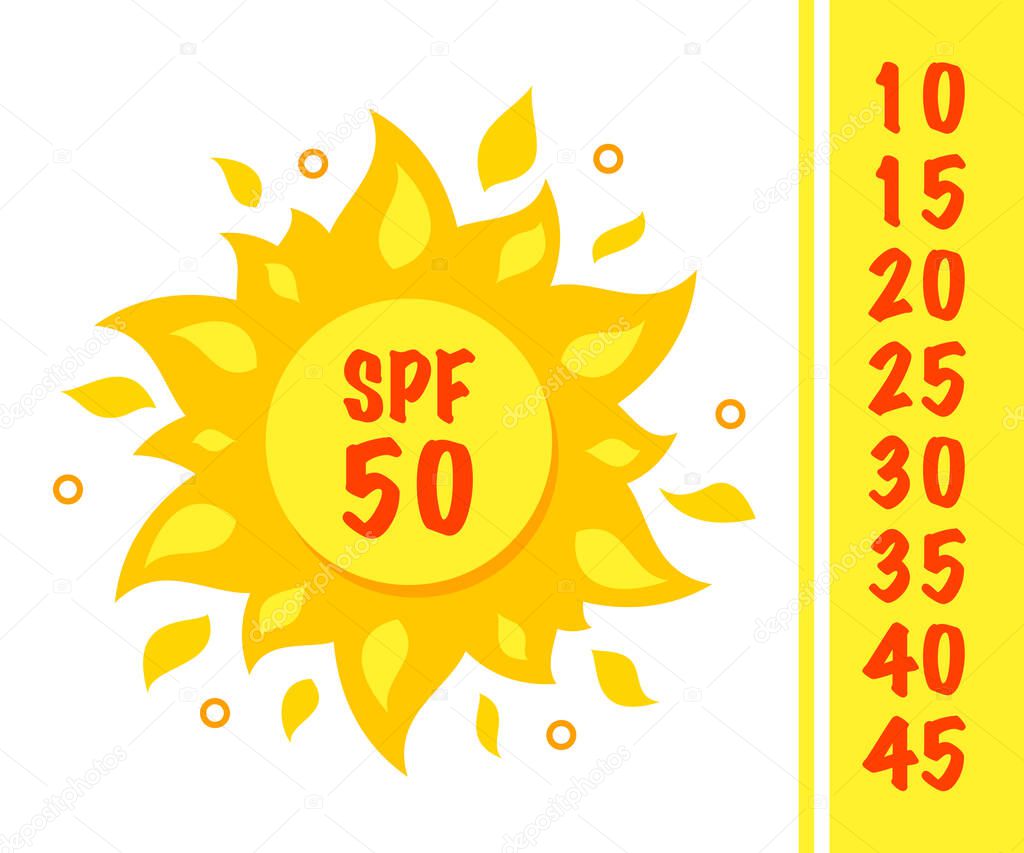 Sun protection icon isolated on white background. Sun design with SPF50 label and set of numbers. UV protection sign for sunscreen and tan products or skin cosmetics.