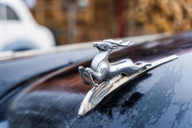 Ocak 2021, Minsk Bölgesi, Belarus: Arabanın kaputunda eski GAZ arabaların logosu var. GAZ - Gorky şehrinin otomobil fabrikası.
