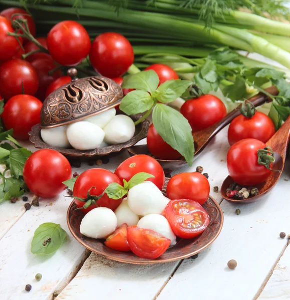 Tomates cereja frescos e mussarela — Fotografia de Stock