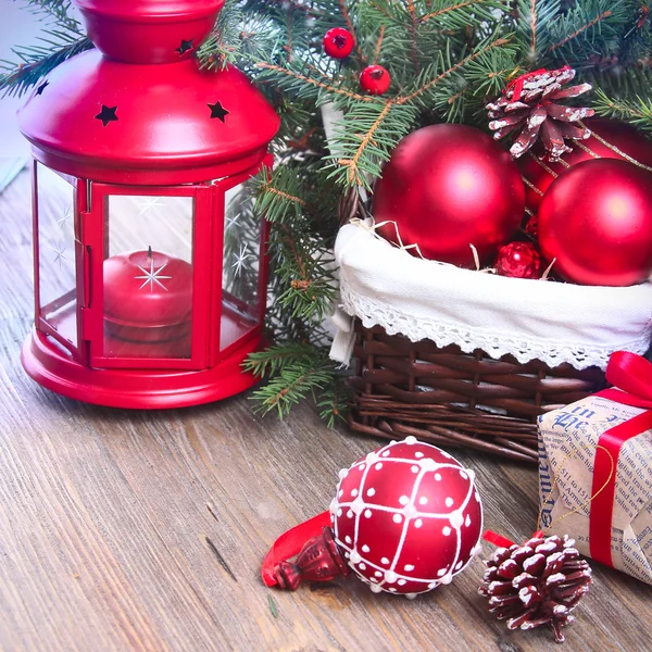 Christmas background with lantern and Christmas tree — Stock Photo, Image