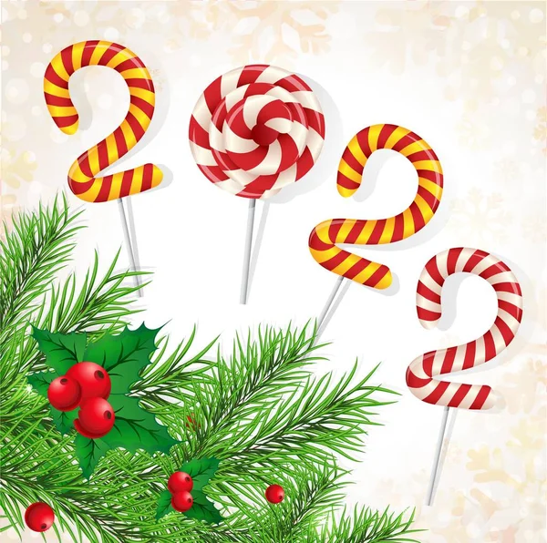 雪とクリスマスツリーとキャンディのクリスマスの背景2022 — ストックベクタ