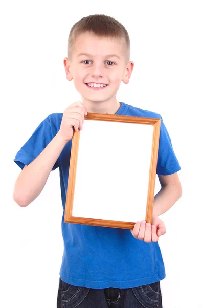 Netter Junge mit leerem Rahmen — Stockfoto