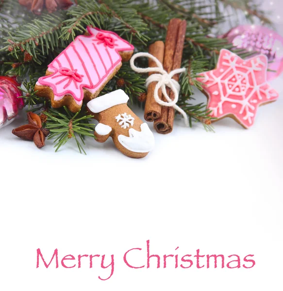 Galletas de jengibre y miel de Navidad con ramas de abeto coloridas — Foto de Stock