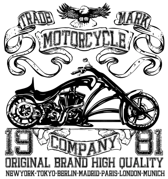 Motorcycle label t-shirt design with illustration of custom chop — Stock Vector