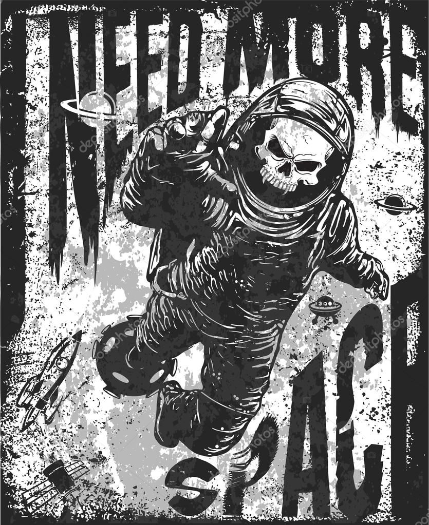 Skull in astronaut suit. Hand drawn vector illustration