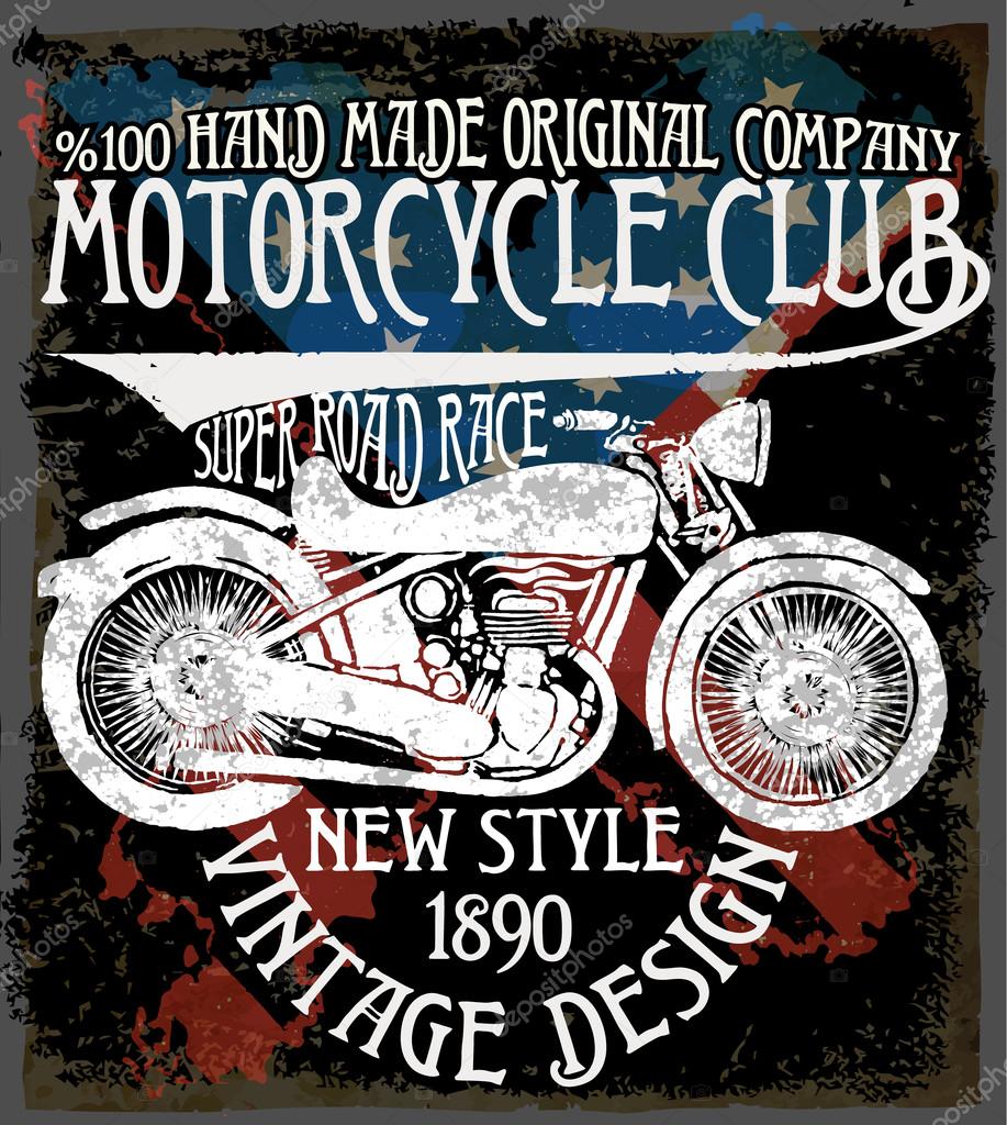Vintage motorcycle. Hand drawn grunge vintage illustration with hand lettering and a retro bike. This illustration can be used as a print on t-shirts and bags; stationary or as a poster.